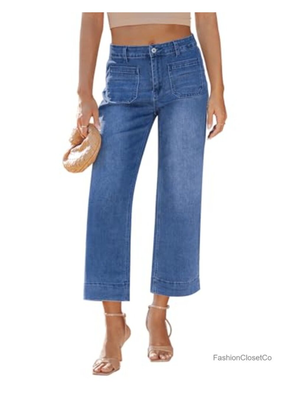 High Waisted Wide Leg Cropped Jeans Stretchy Denim Pants with Pockets
